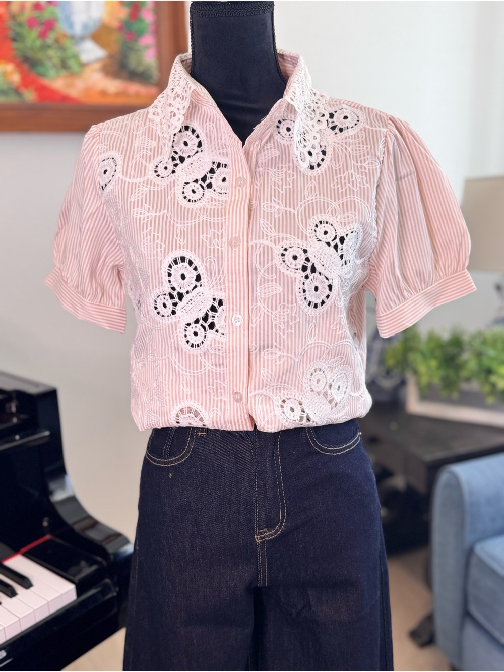Pink Lace-Appliqué Short Sleeve Button-Up Top